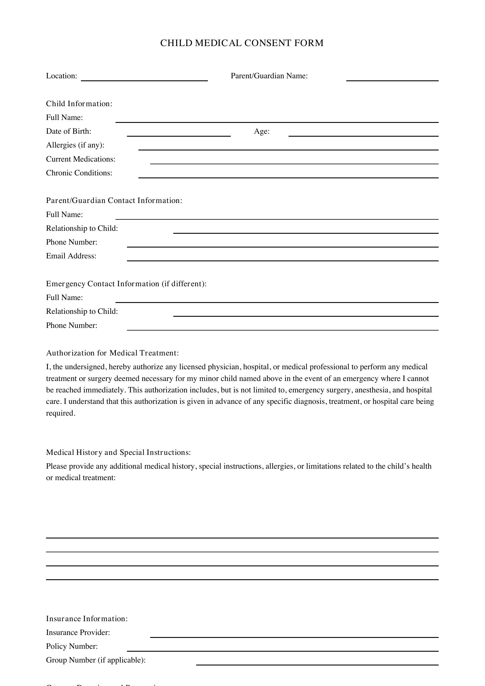 Child Medical Consent Form Template