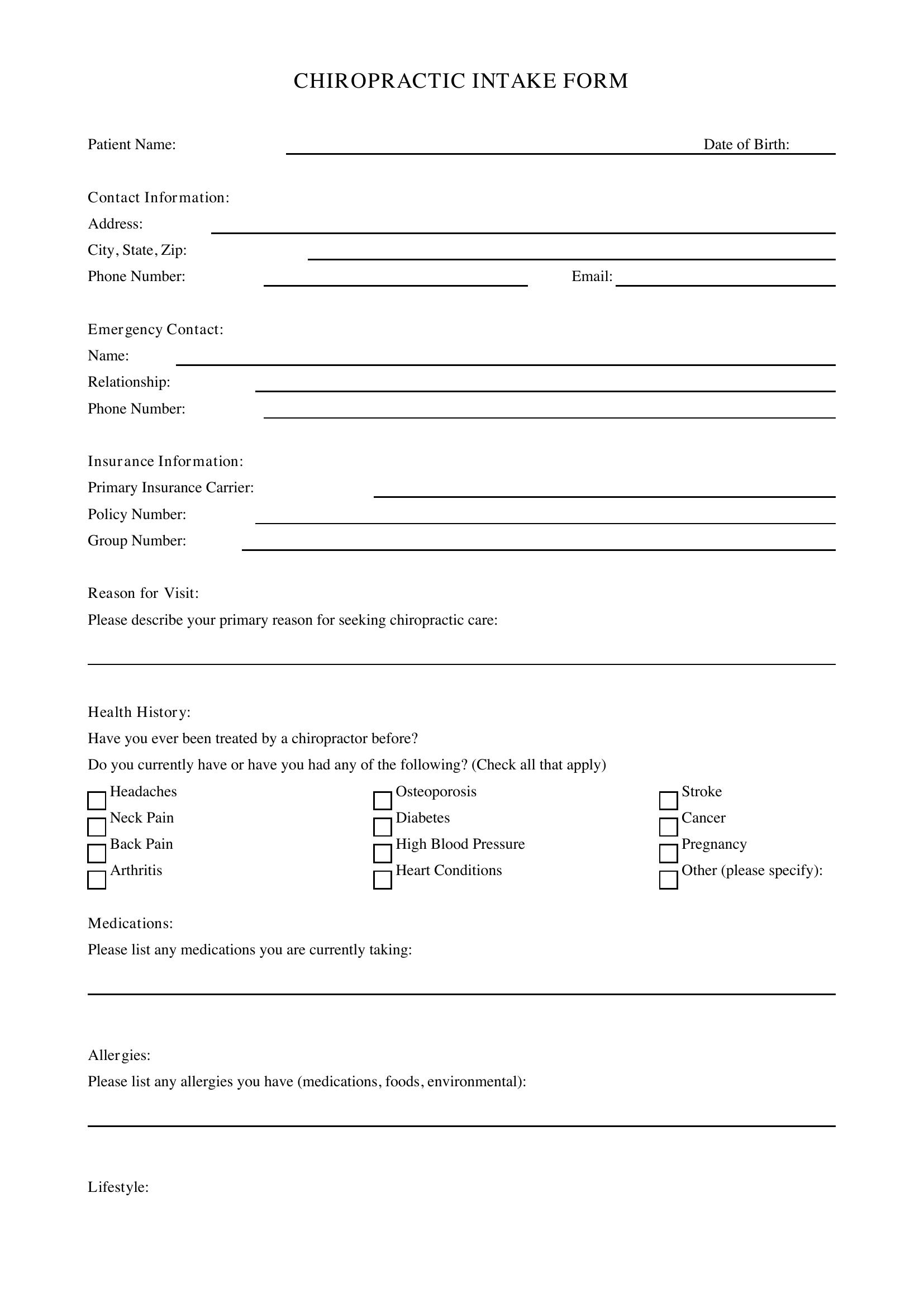 Chiropractic Intake Form Template