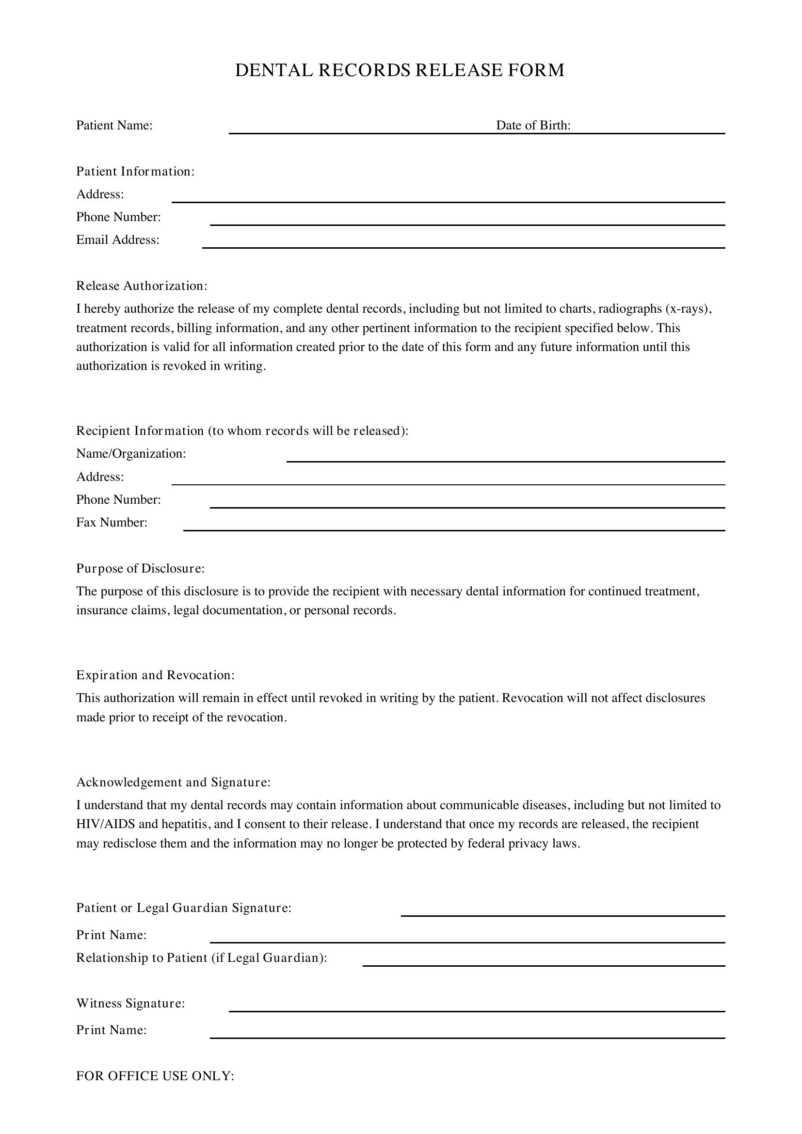 Dental Records Release Form Template