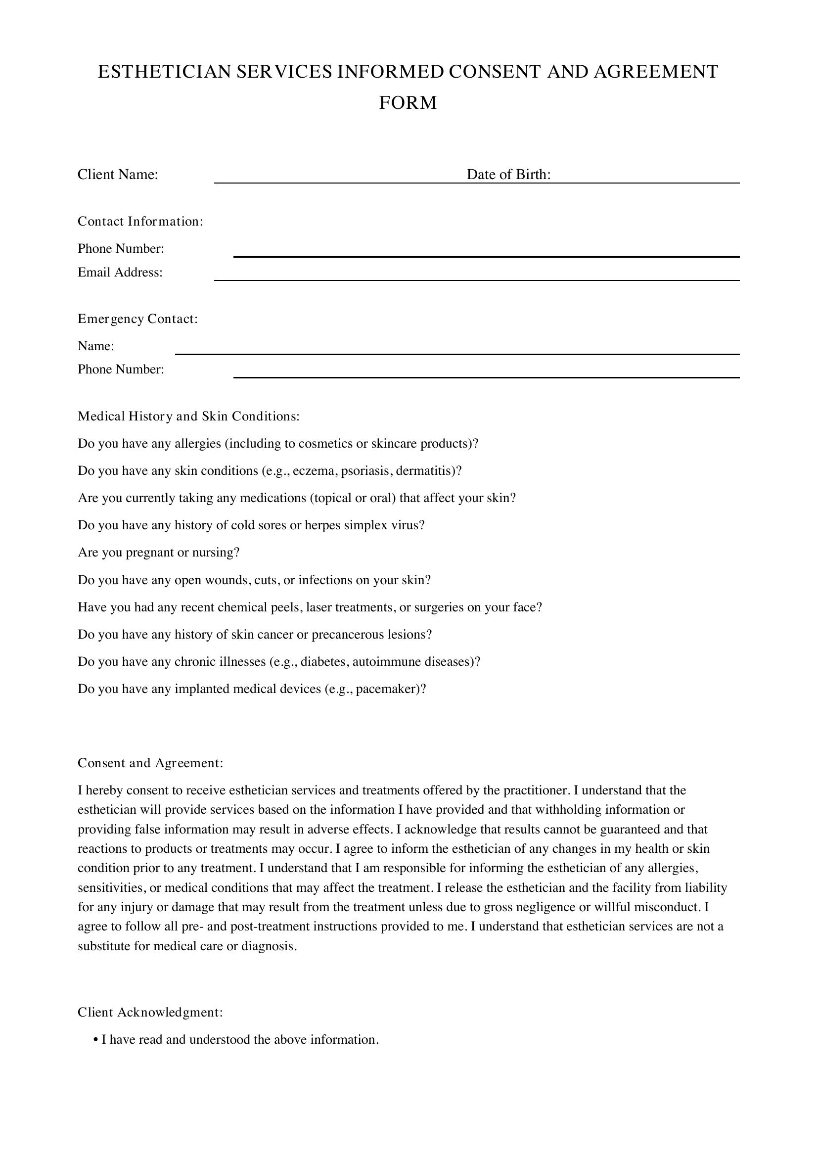 Esthetician Consent Form Template