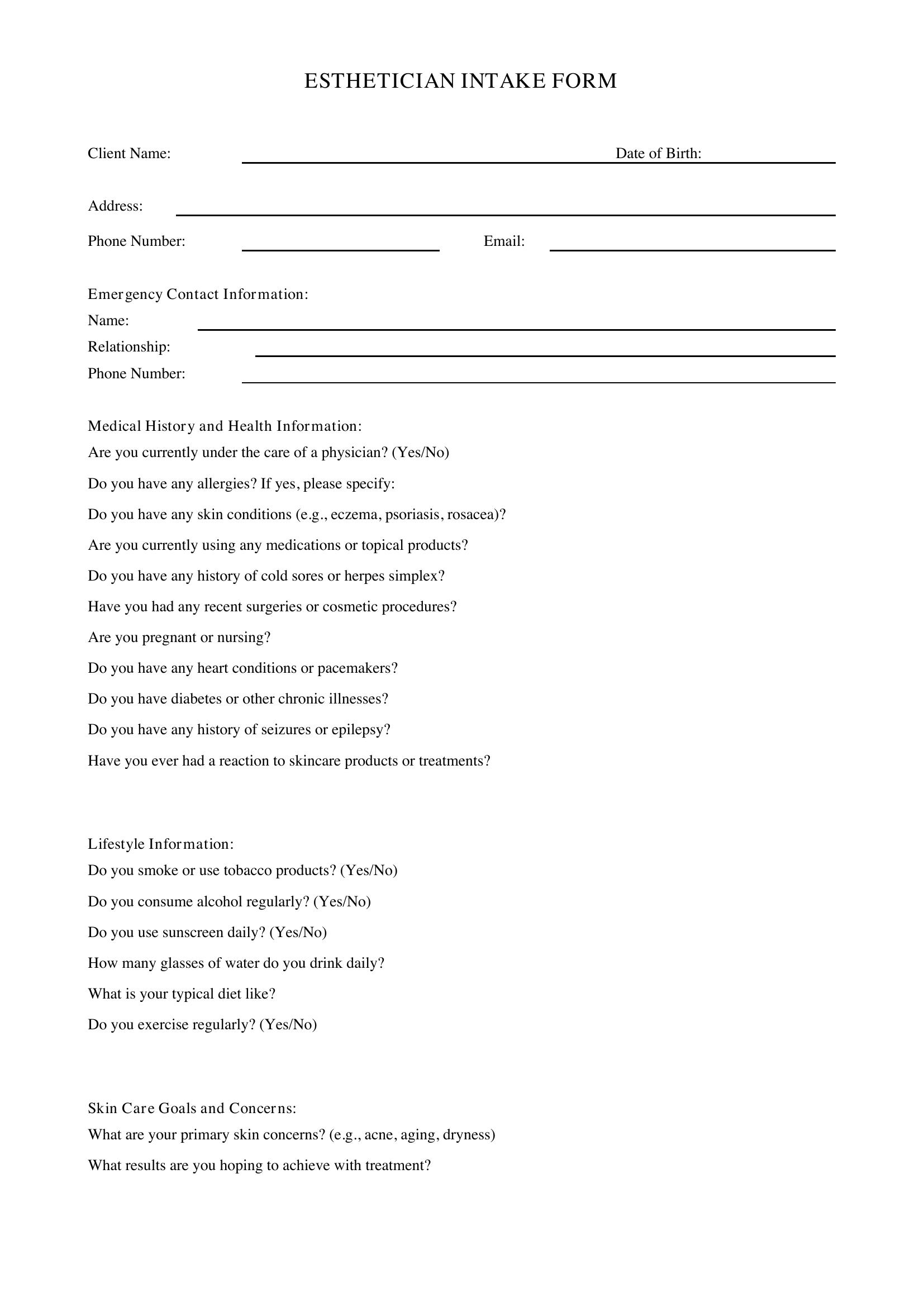 Esthetician Intake Form Template
