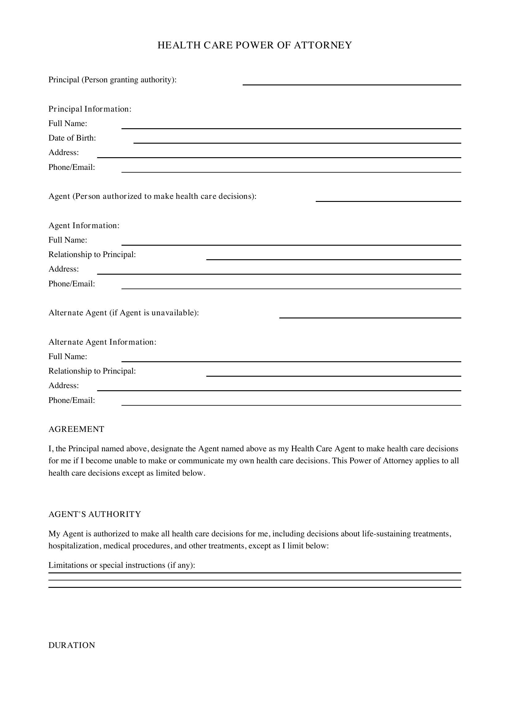 Health Care Power Of Attorney Template