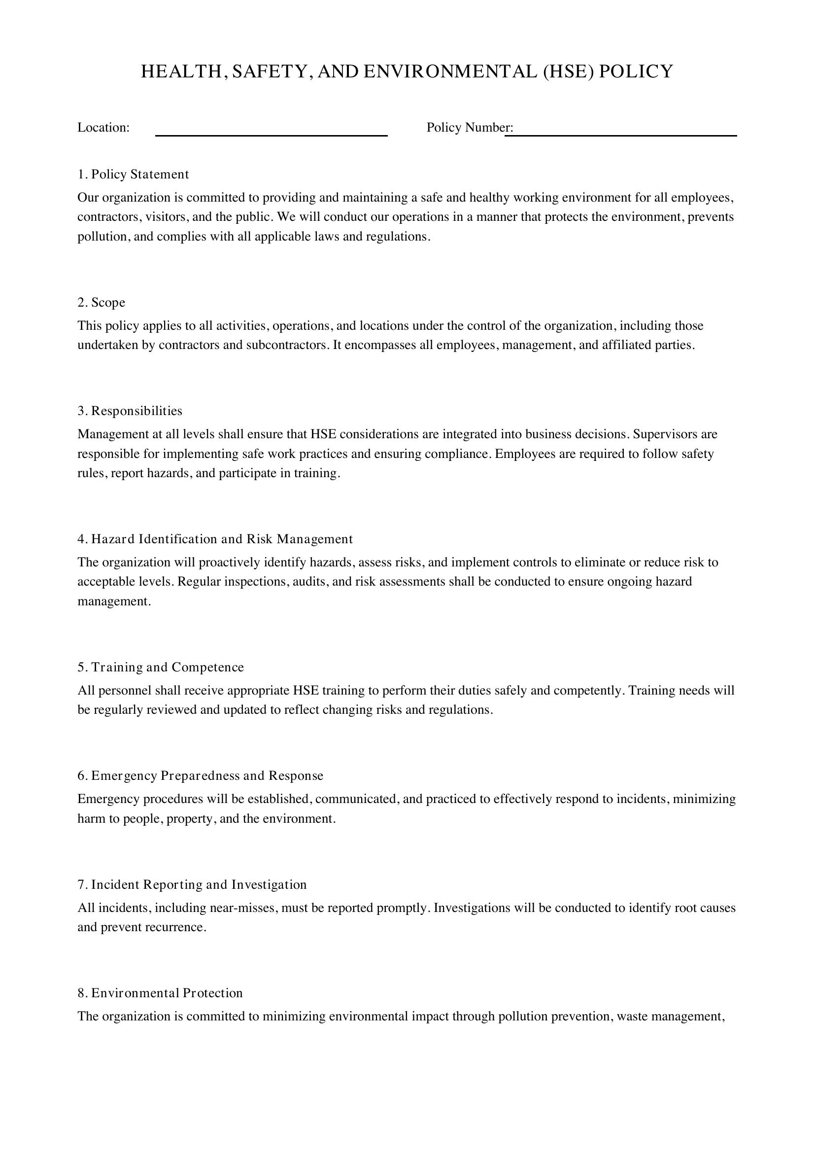 Hse Policy Template