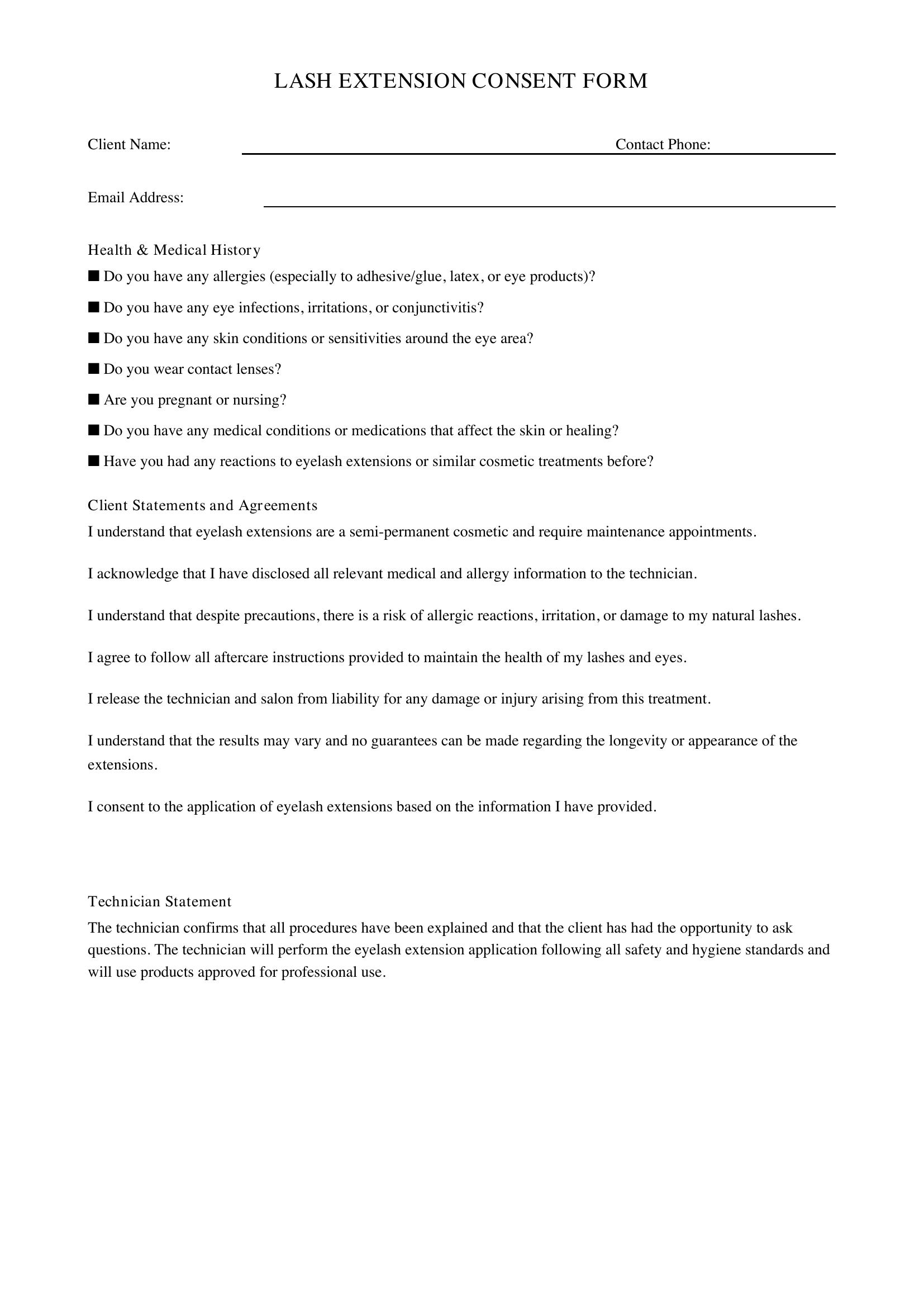 Lash Extension Consent Form Template