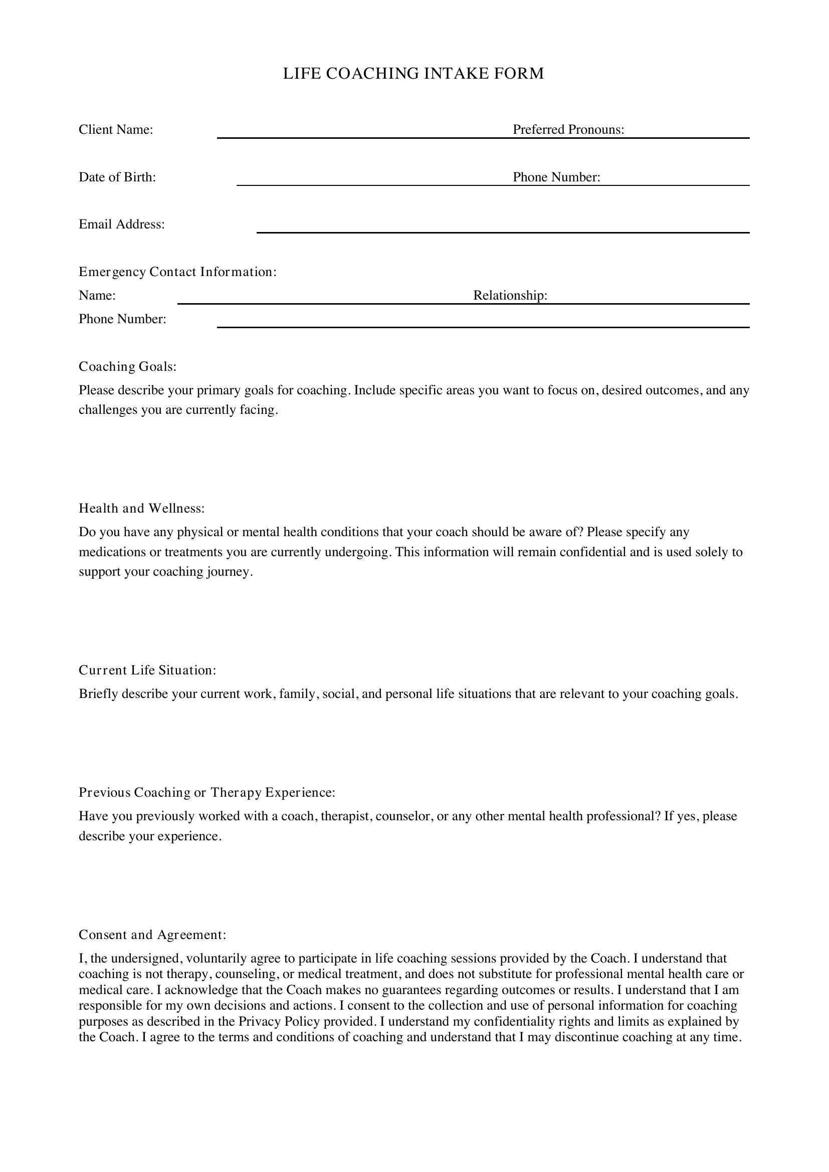 Life Coaching Intake Form Template
