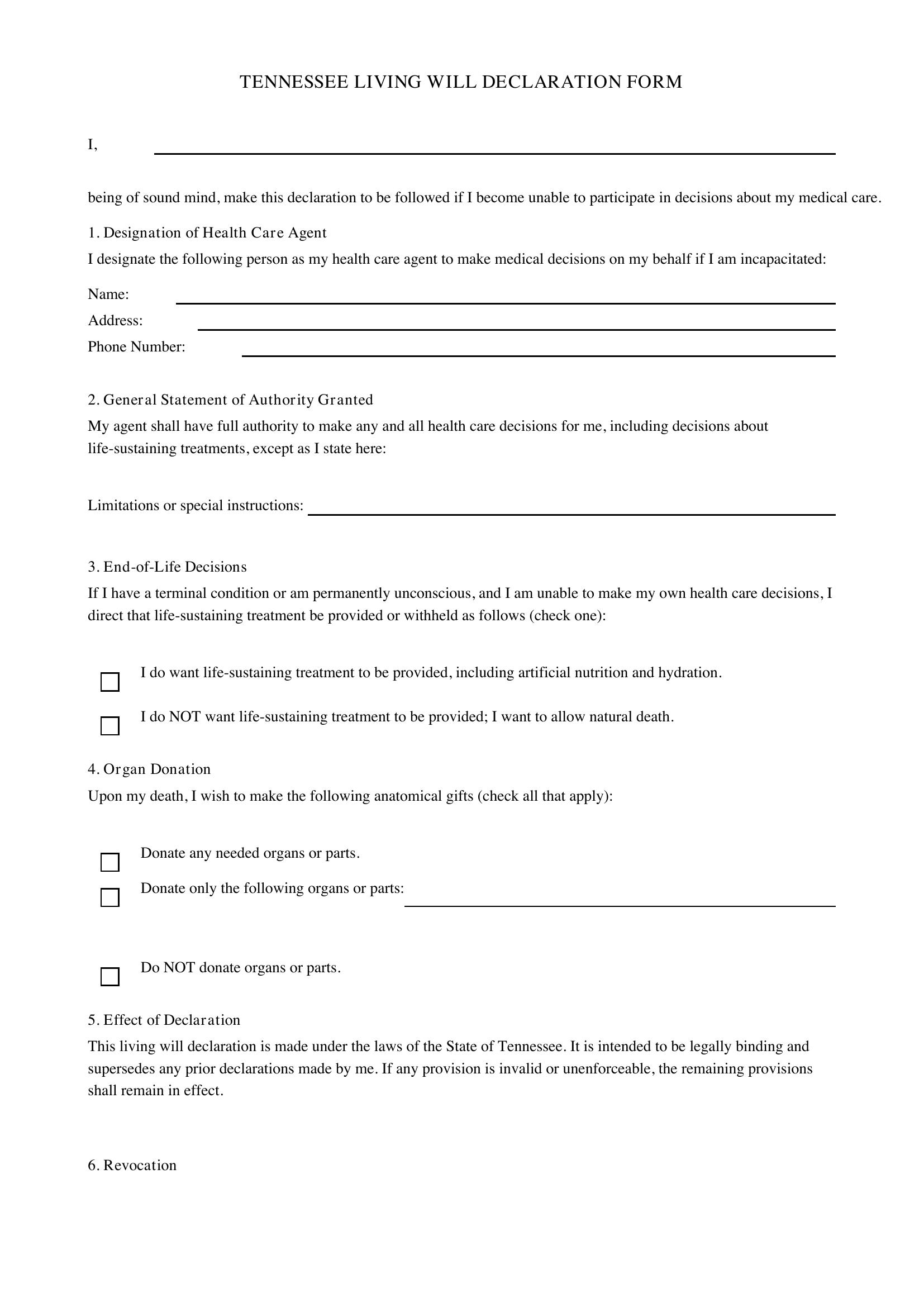 Living Will Template Tennessee