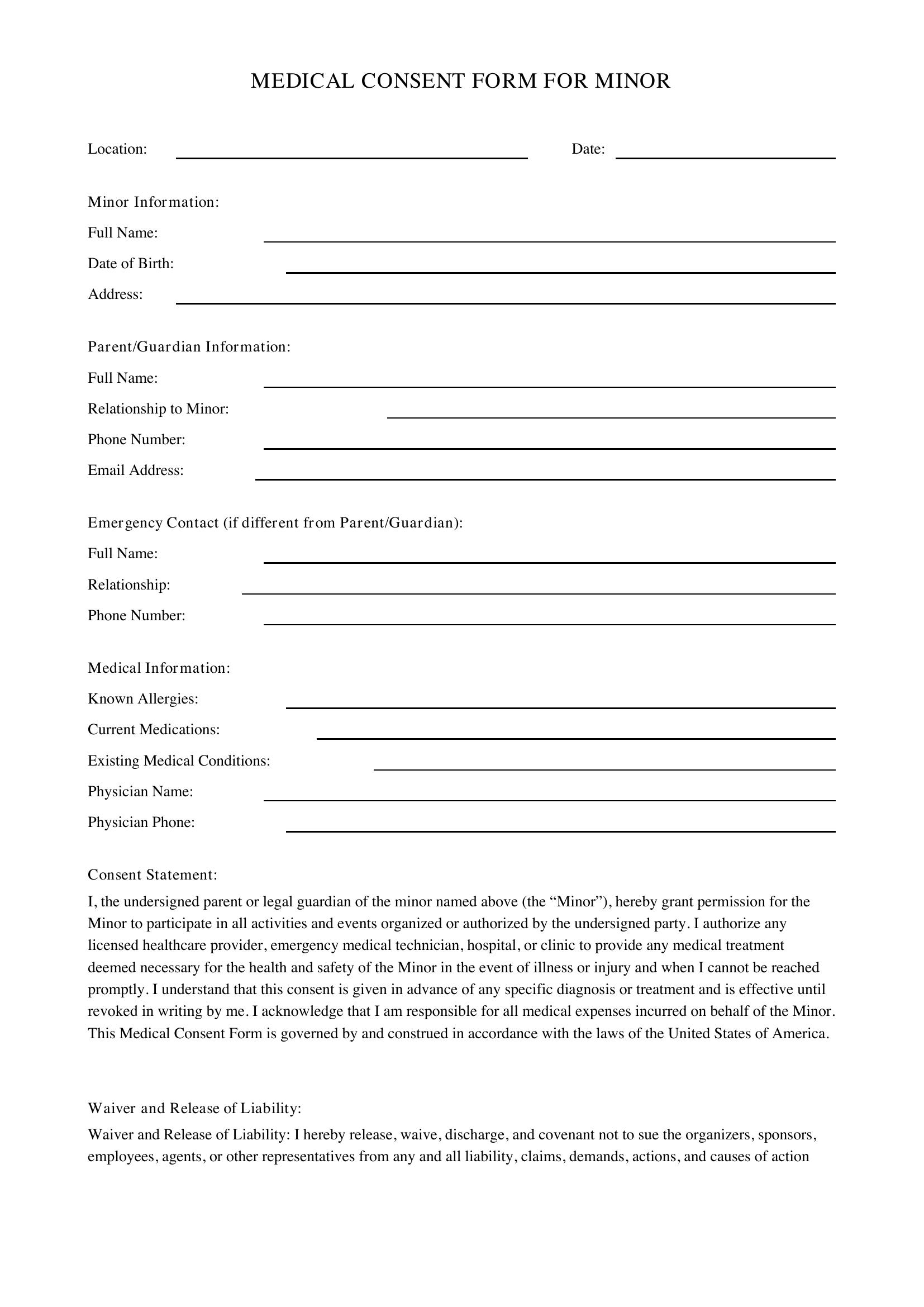 Medical Consent Form For Minor Template