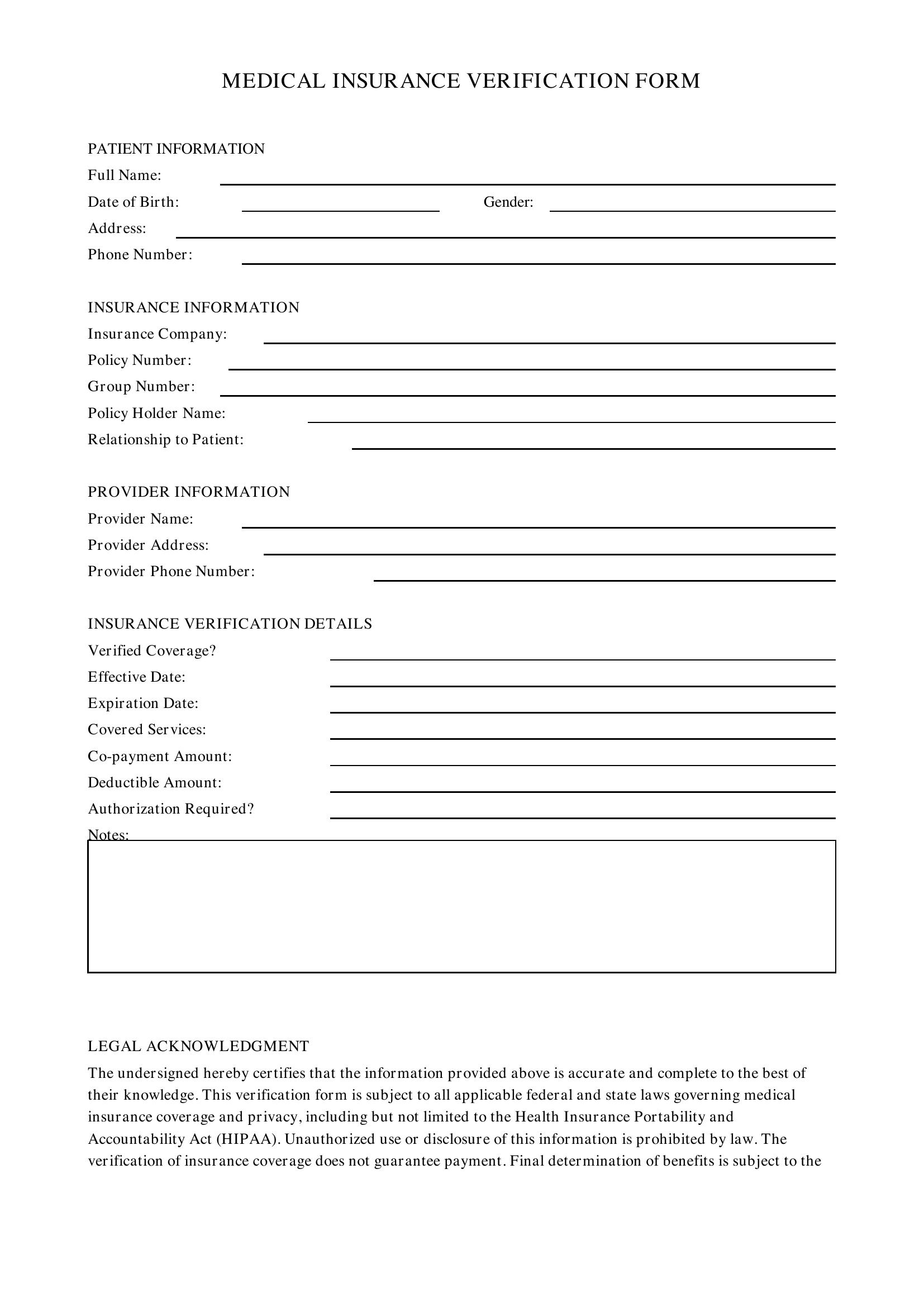 Medical Insurance Verification Form Template