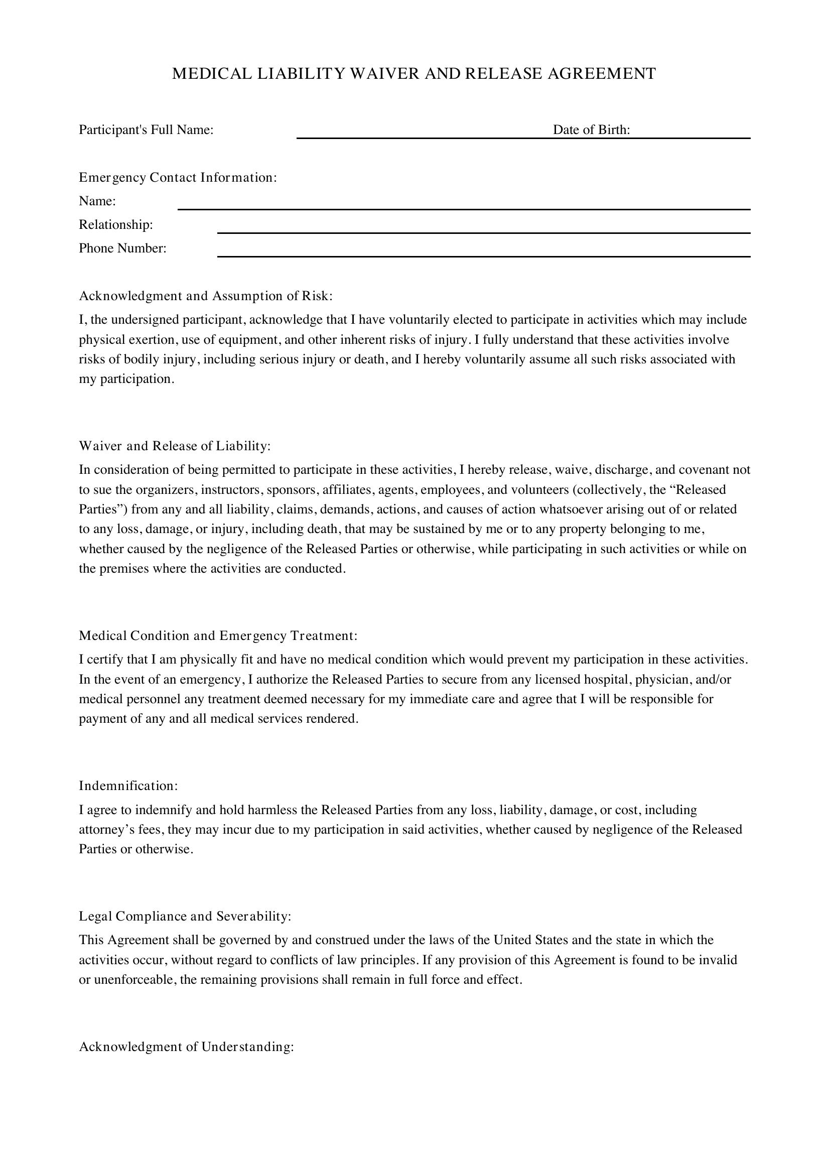 Medical Liability Waiver Template