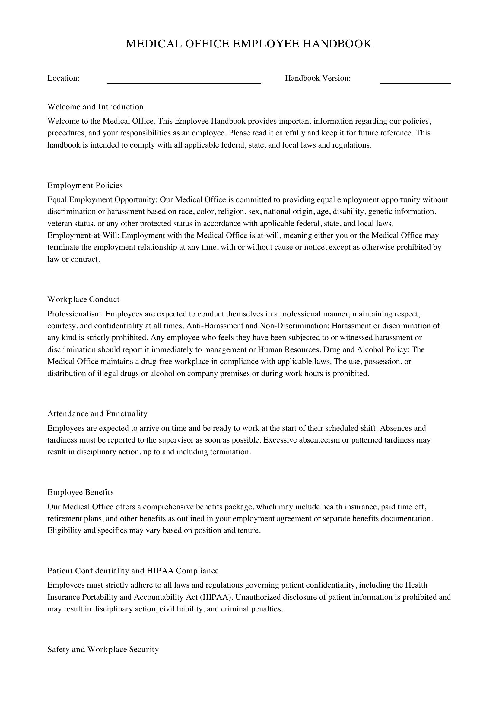 Medical Office Employee Handbook Template