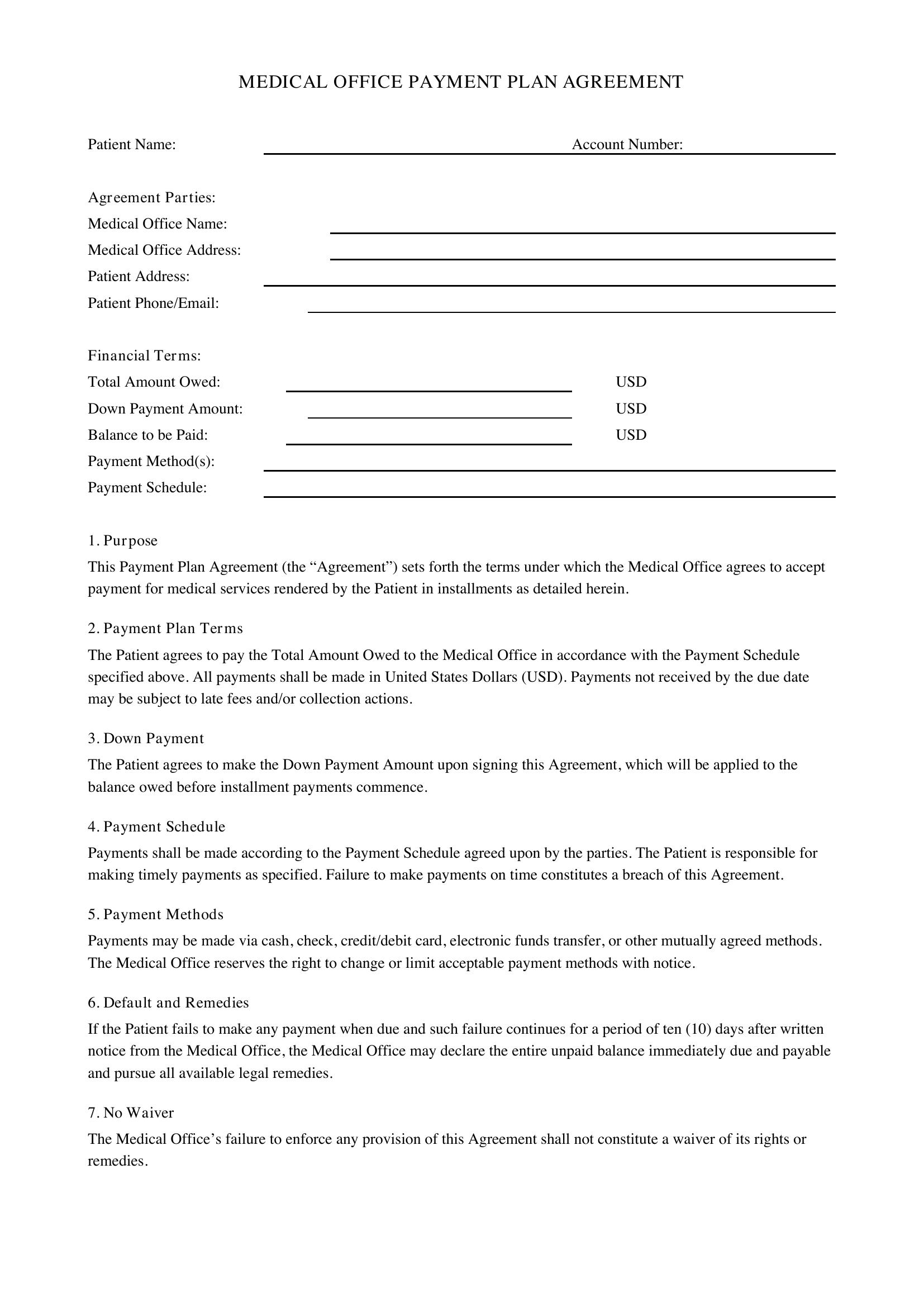Medical Office Payment Plan Agreement Template