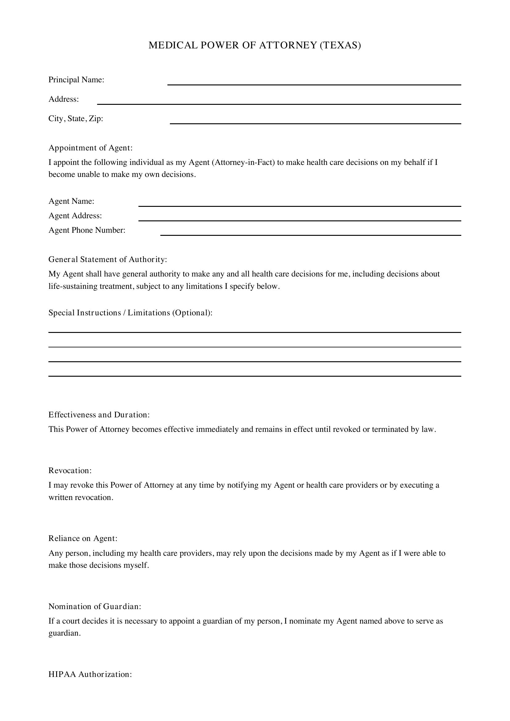 Medical Power Of Attorney Texas Template