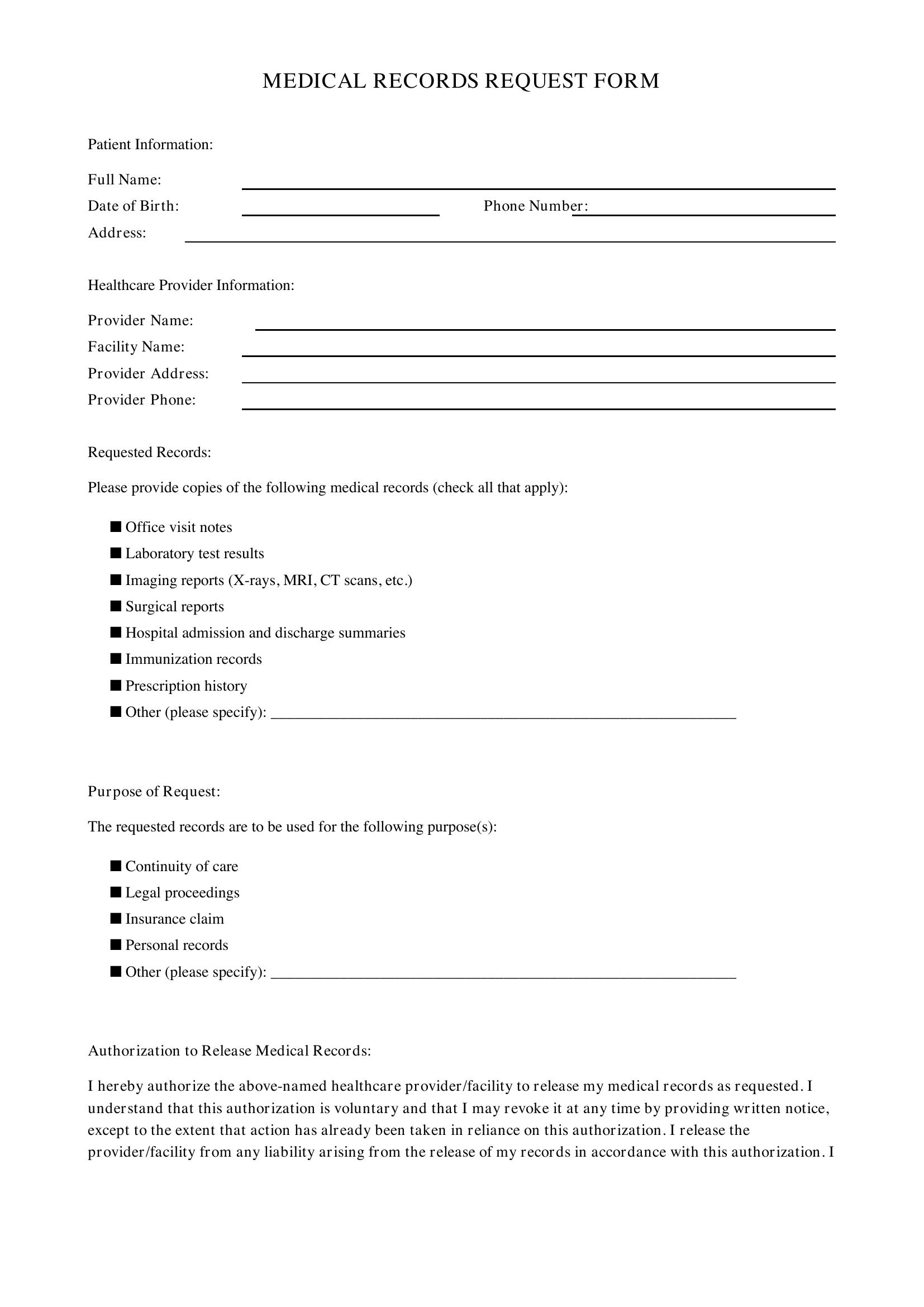 Medical Records Request Form Template