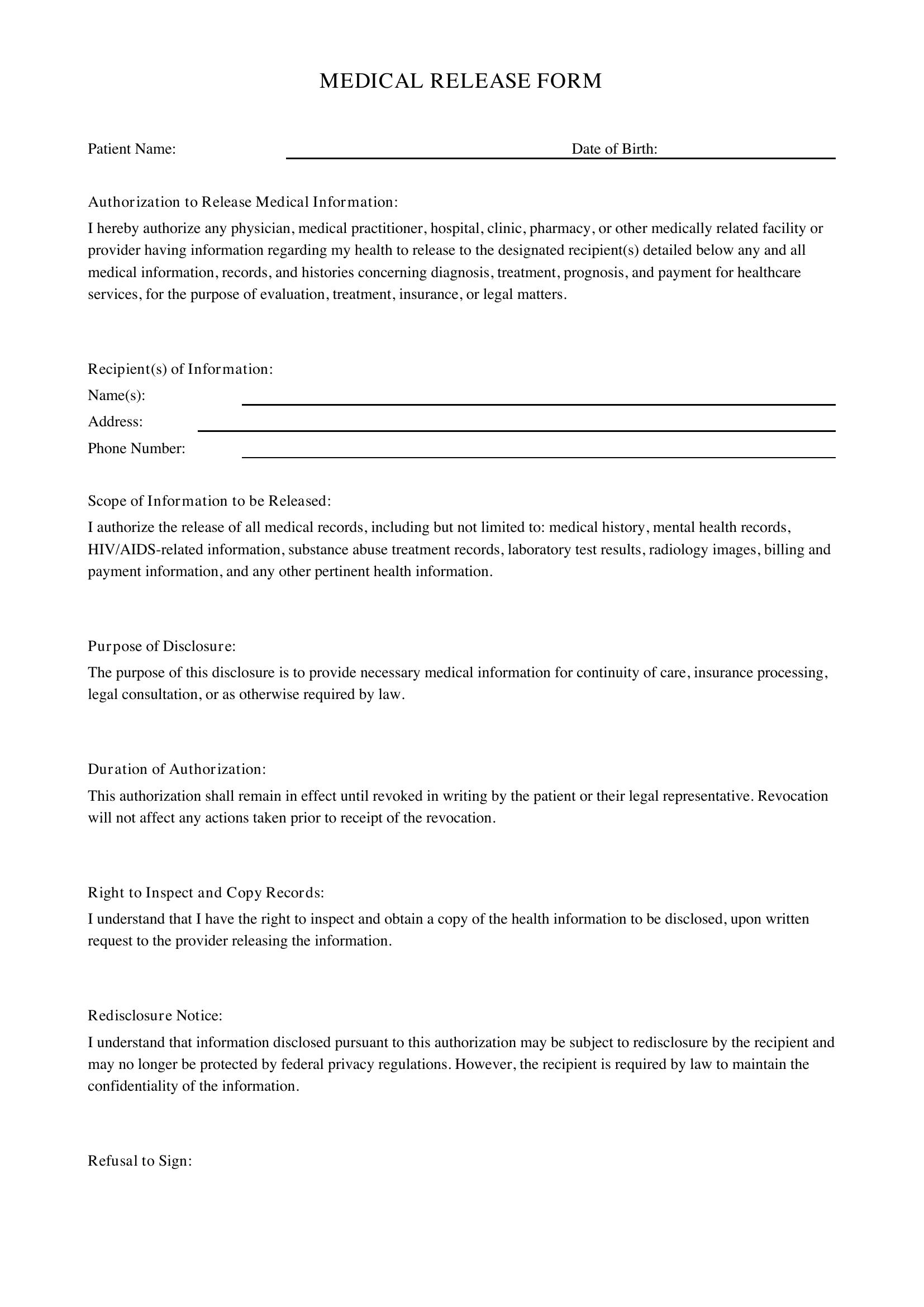 Medical Release Form Template