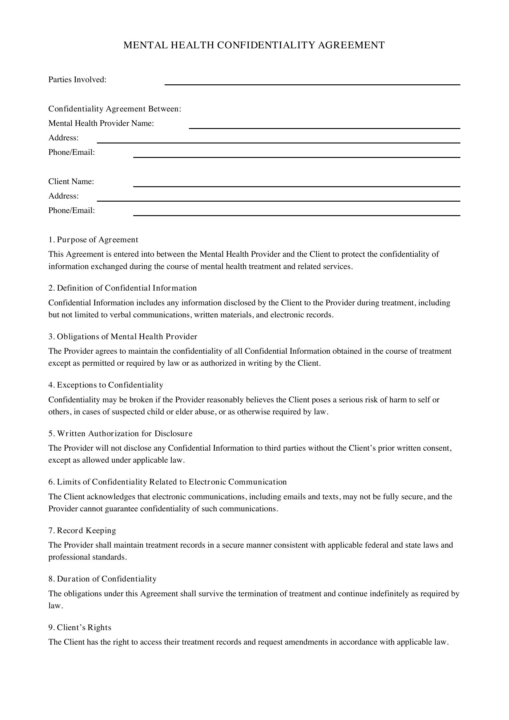 Mental Health Confidentiality Agreement Template