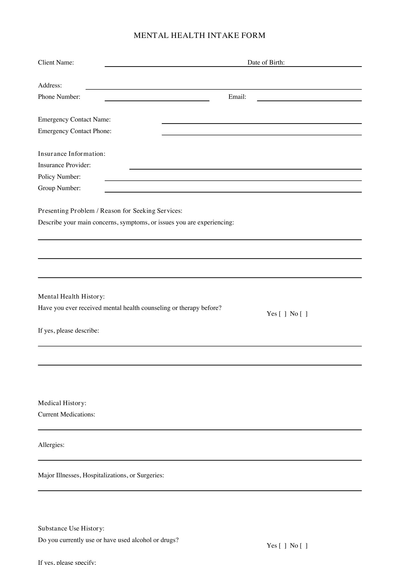 Mental Health Intake Form Template