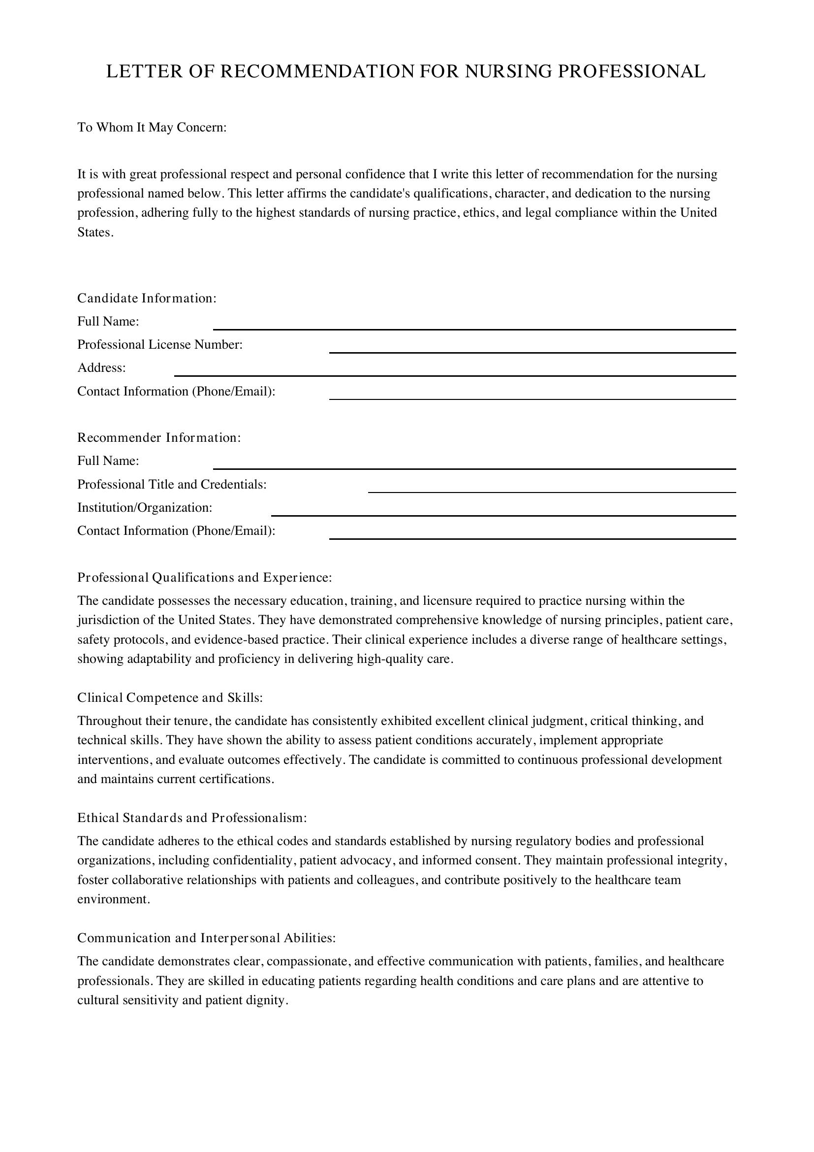 Nursing Letter Of Recommendation Template