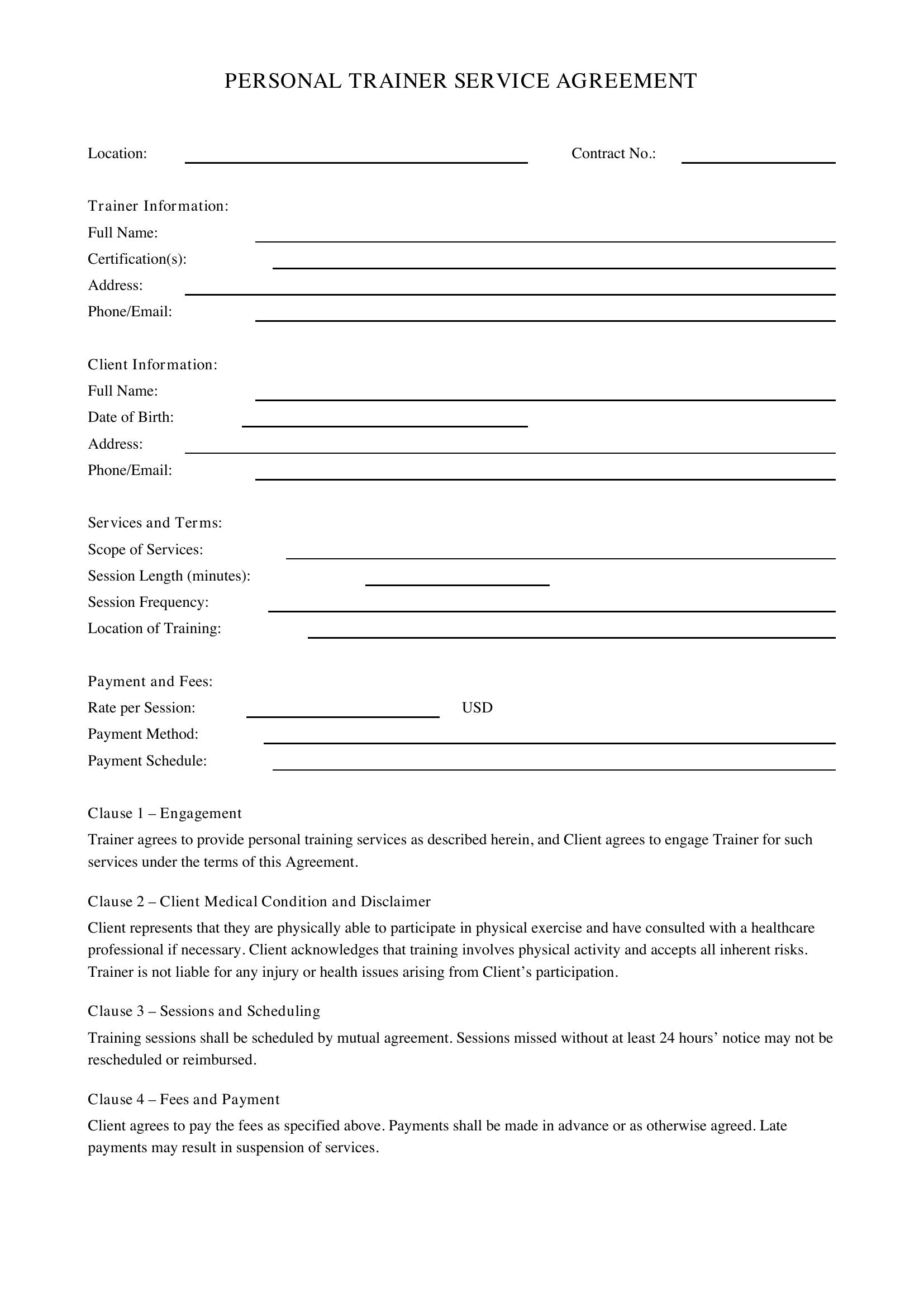 Personal Trainer Contract Template