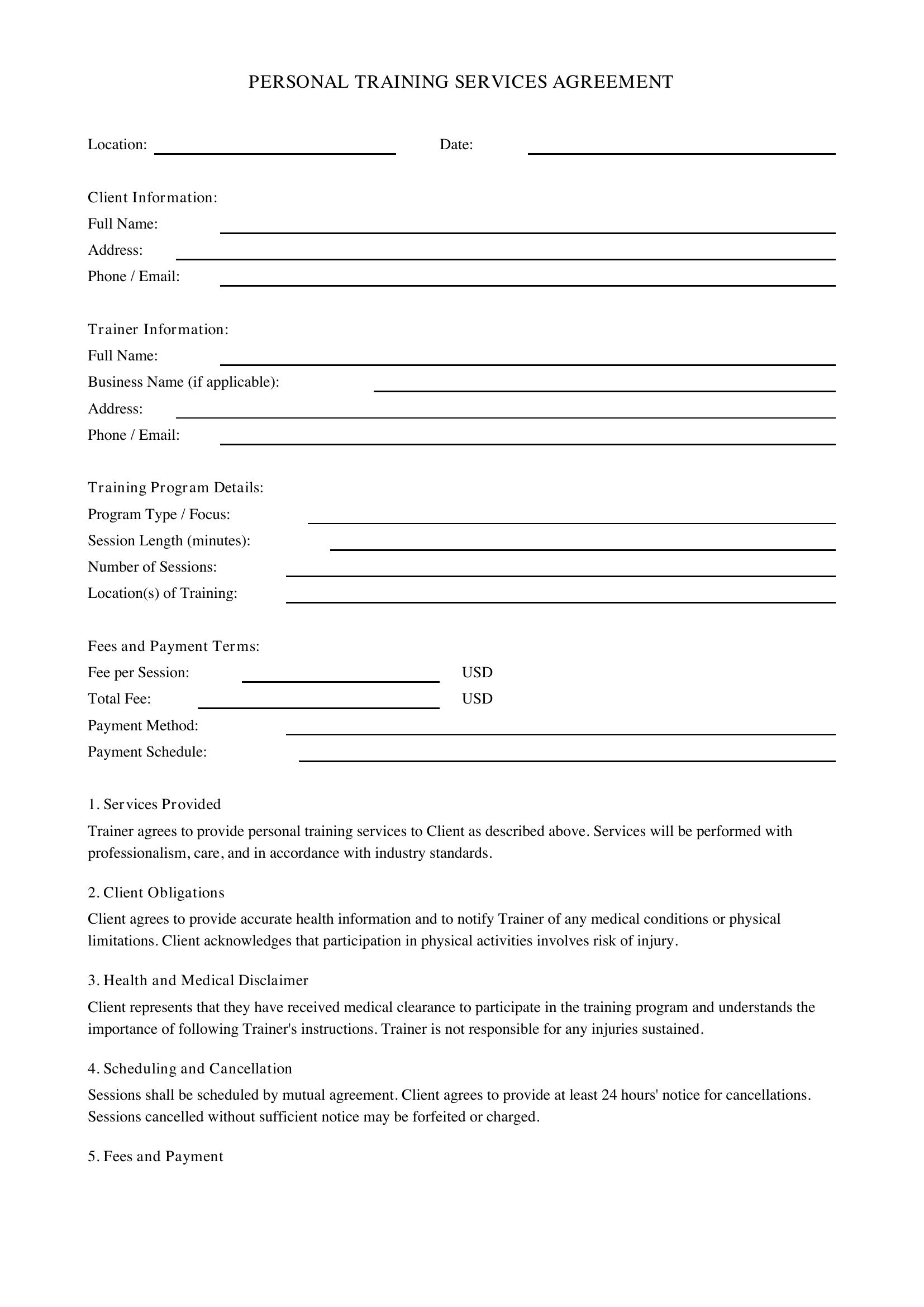 Personal Training Contract Template
