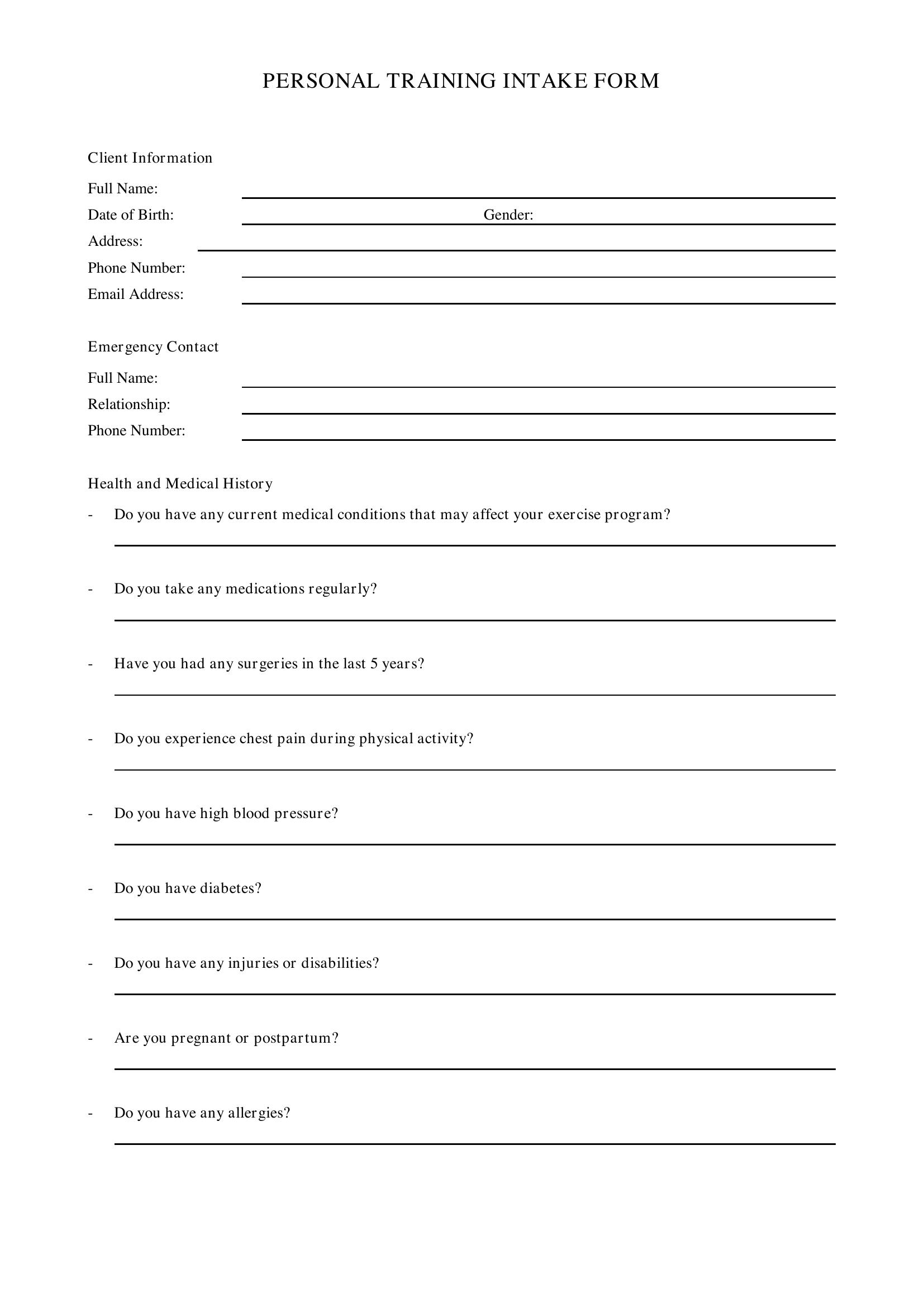 Personal Training Intake Form Template
