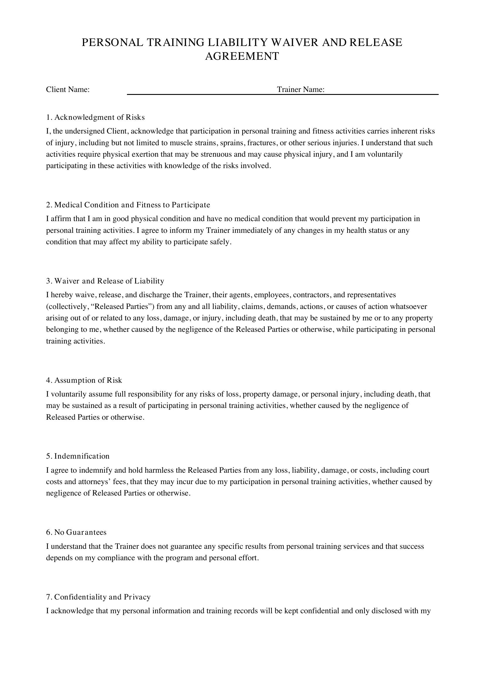 Personal Training Liability Waiver Template