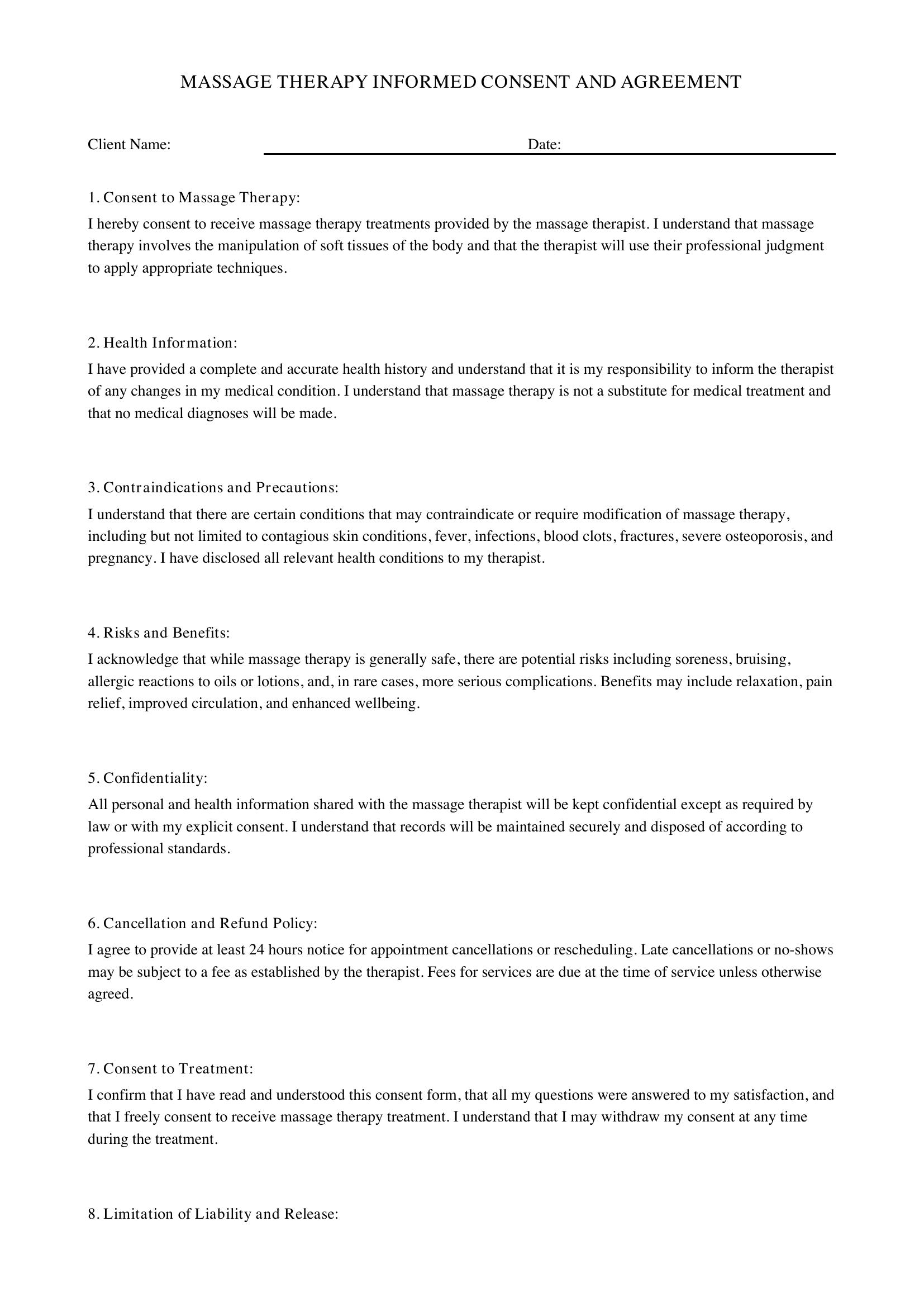 Printable Massage Therapy Consent Form Template