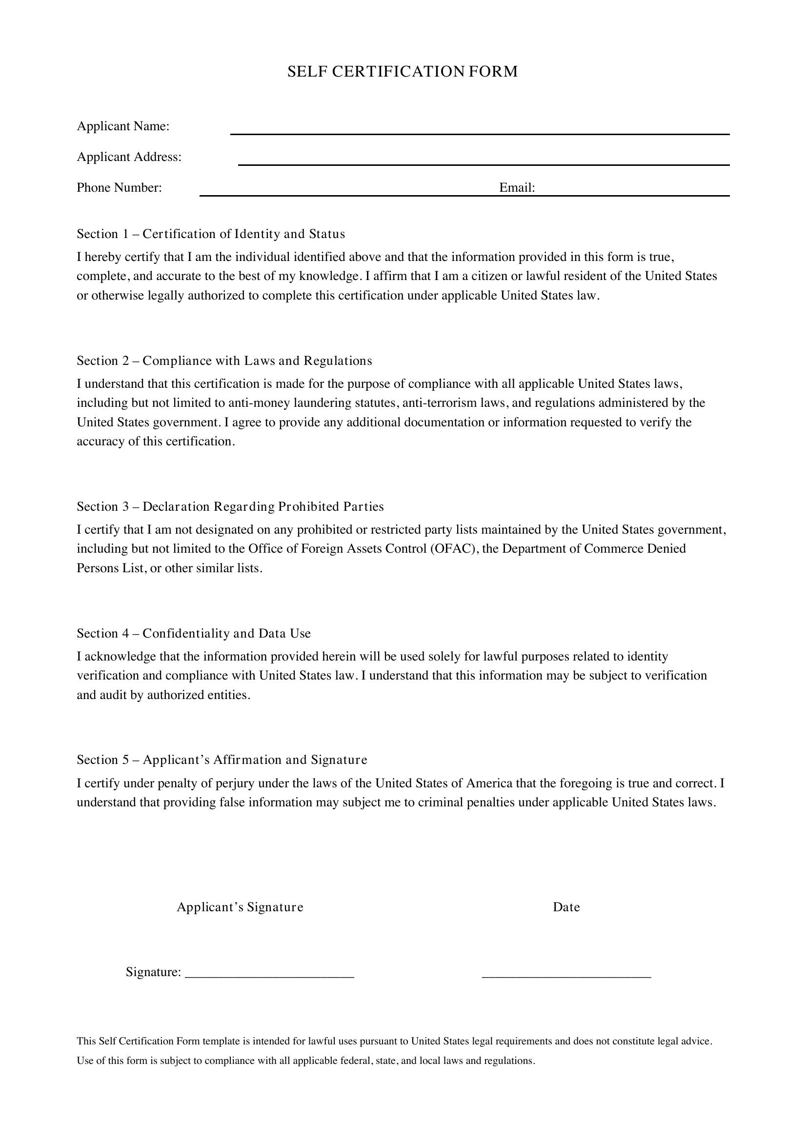 Self Certification Form Template