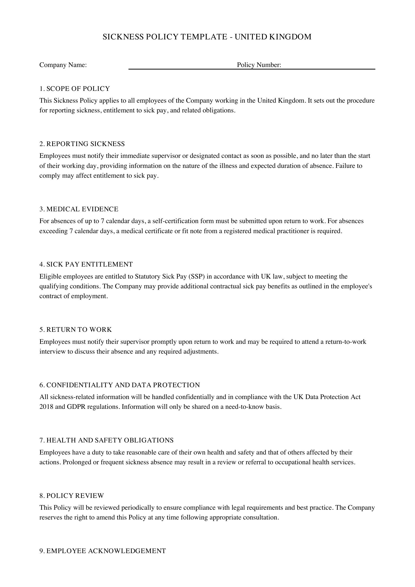 Sickness Policy Template Uk