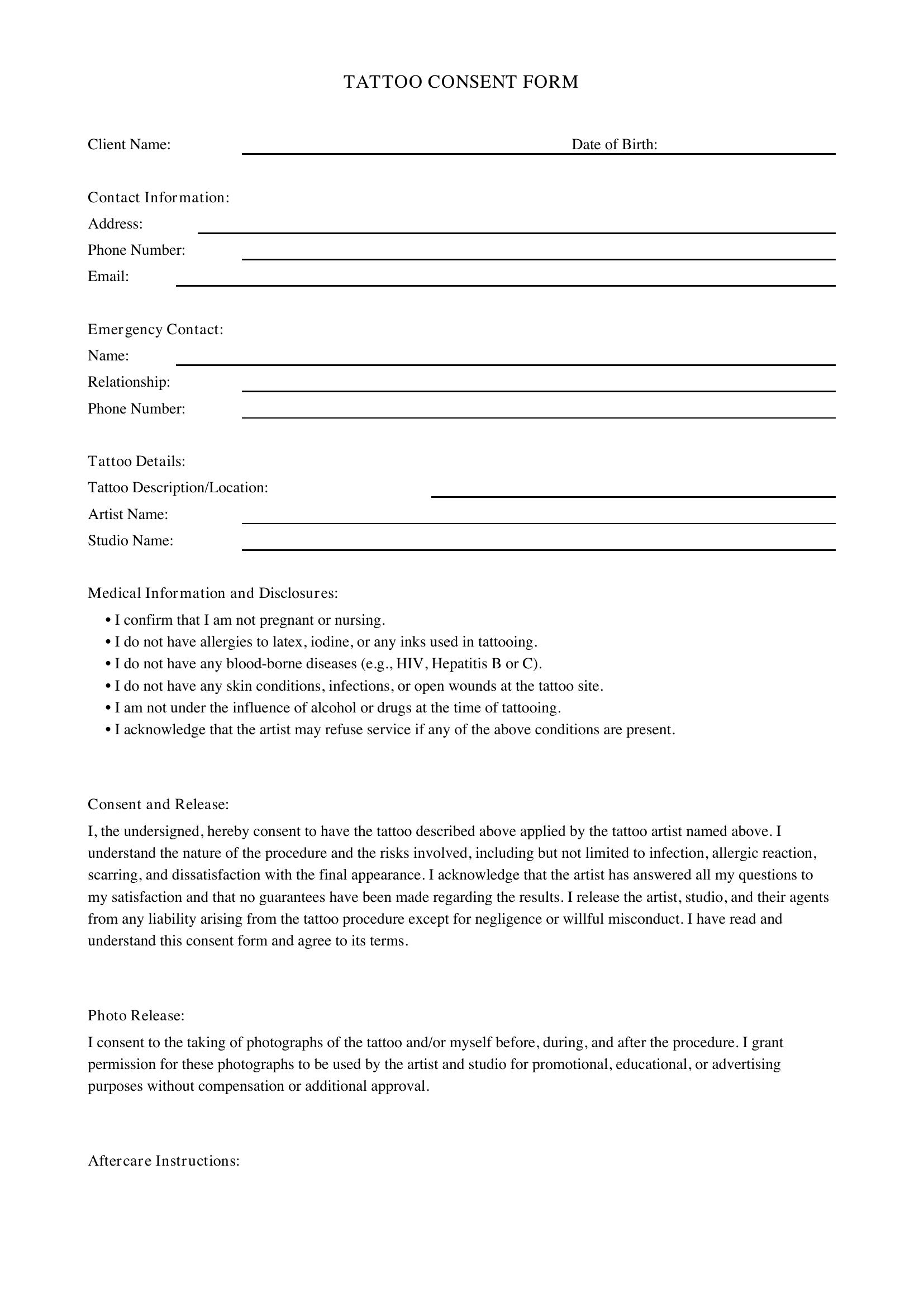 Tattoo Consent Form Template