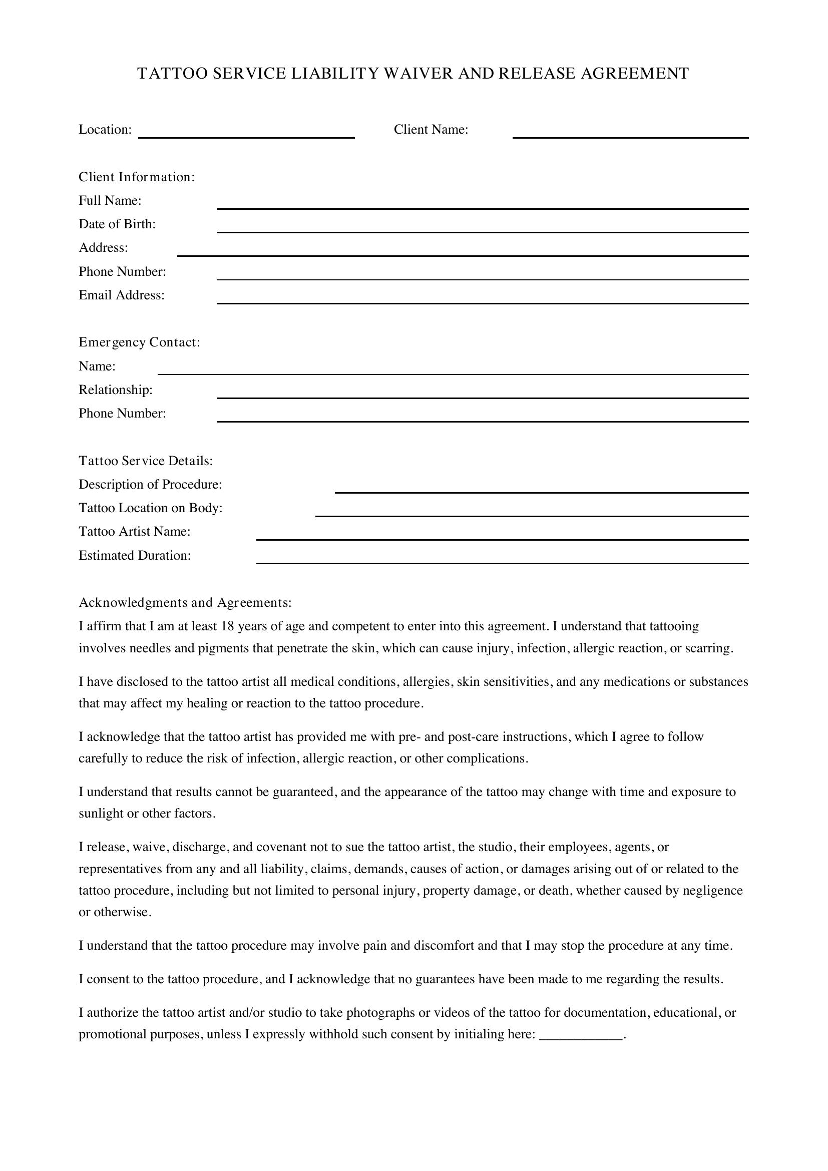 Tattoo Waiver Template