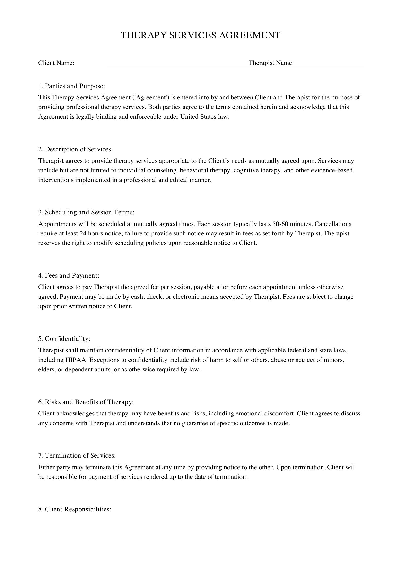 Therapy Contract Template