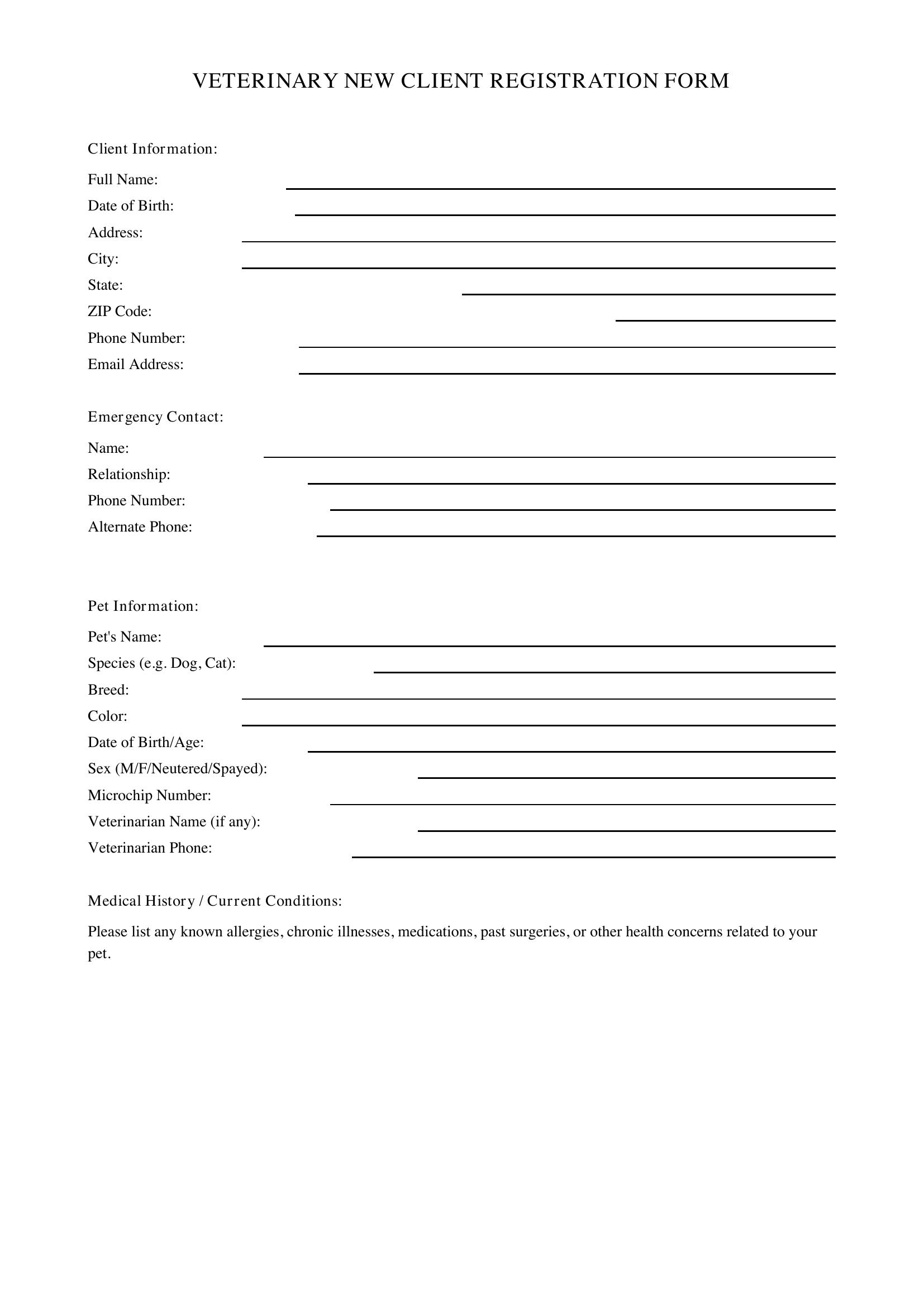 Veterinary New Client Form Template
