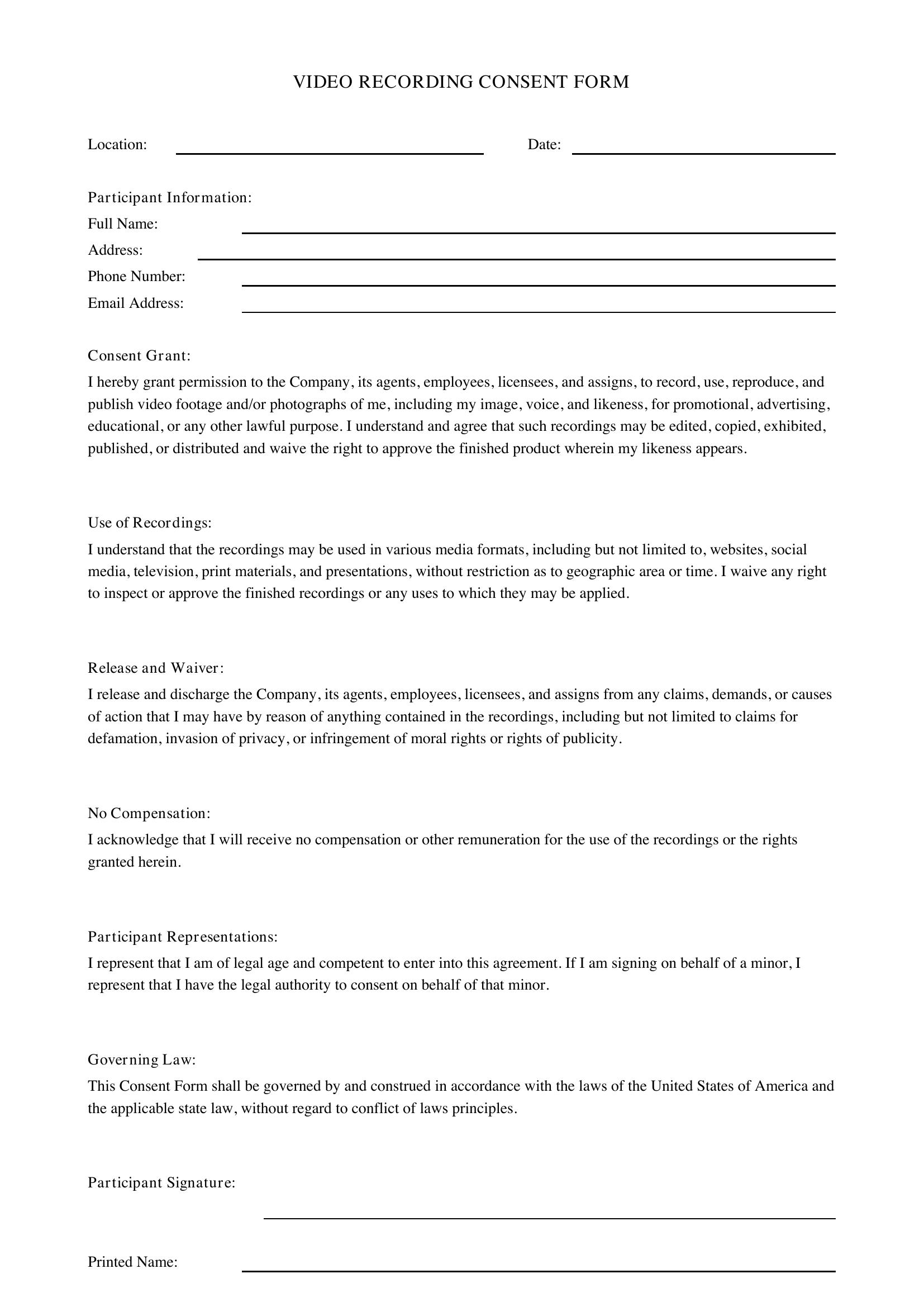 Video Recording Consent Form Template