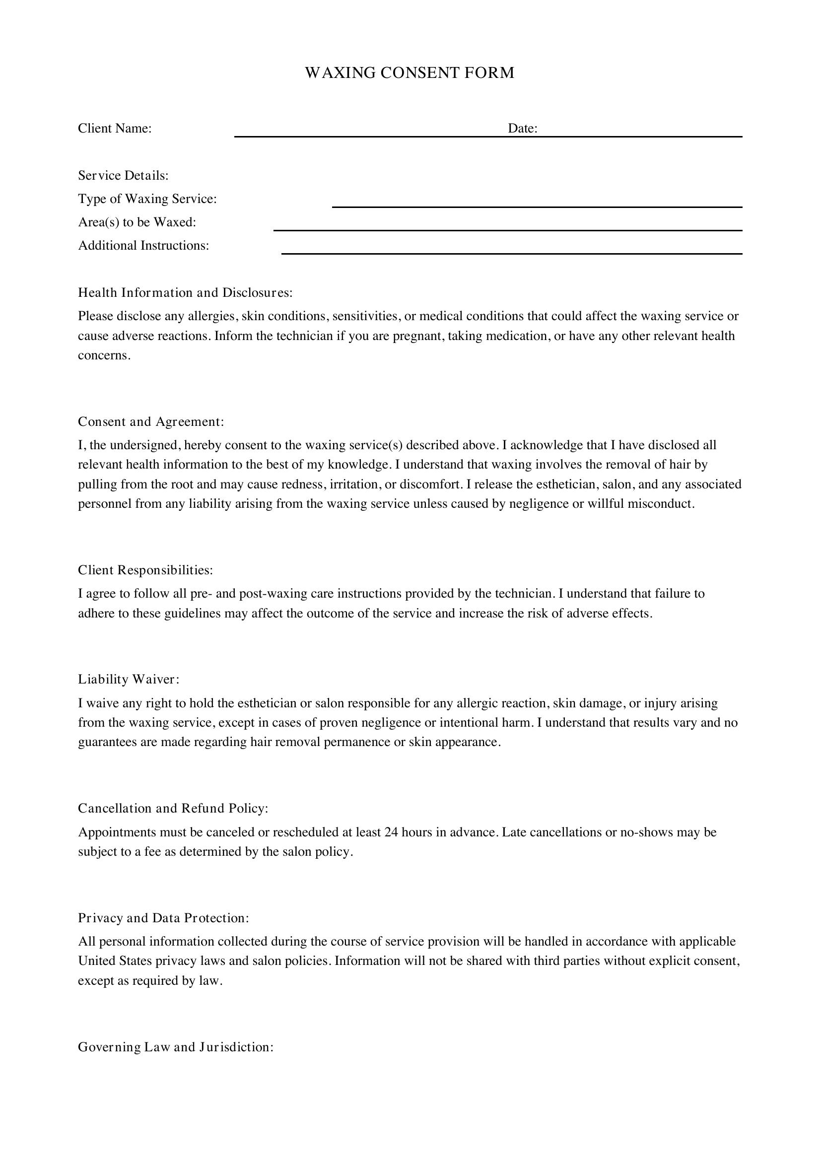 Waxing Consent Form Template
